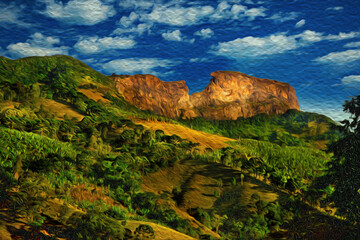 Fototapeta na wymiar Steep rock called Bau Peak on a hilly landscape with forest. The region is a tourism attraction at the Mantiqueira Ridge, in Brazil. Oil Paint filter.