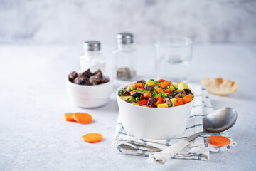 Beef potato carrot eggplant pepper stew in the bowl