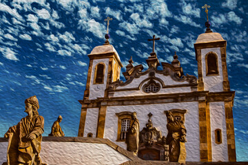 Statues carved by Aleijadinho in front of the Baroque Sanctuary of Bom Jesus de Matosinhos, in Congonhas do Campo, Brazil. Oil paint filter.