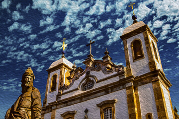 Statues carved by Aleijadinho in front of the Baroque Sanctuary of Bom Jesus de Matosinhos, in Congonhas do Campo, Brazil. Oil paint filter.