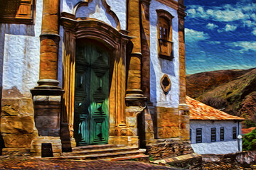 Gateway with closed door in a Baroque church of Ouro Preto. A village with amazing Baroque colonial architecture in Brazil. Oil paint filter.