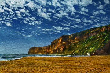 Landscape of beautiful cliffs by the sea at the beach of Nazare. A tourist town in the portuguese coastline. Oil paint filter.