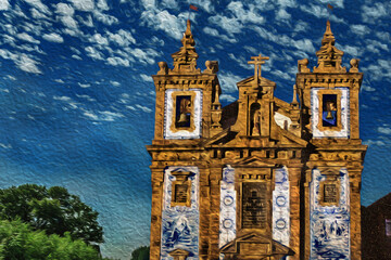 Facade and steeple in baroque style with ceramic tiles at the Saint Ildefonso Church in Porto. The second-largest city in Portugal. Oil paint filter.