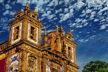 Fototapeta na wymiar Facade and steeple in baroque style with ceramic tiles at the Saint Ildefonso Church in Porto. The second-largest city in Portugal. Oil paint filter.