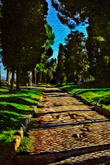 Appian Way, an ancient Roman road, covered by original cobblestone, connecting the southern Italy to Rome, the eternal city. Oil paint filter.