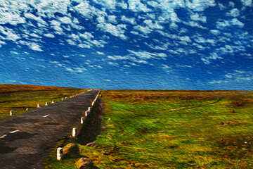 Paved road passing through a flat landscape, in the highland of Madeira island. An amazing volcanic island in the Atlantic Ocean. Oil paint filter.