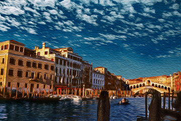 Palaces alongside the Canal Grande near the Rialto Bridge in Venice. The amazing marine city full of canals and palaces in Italy. Oil paint filter.