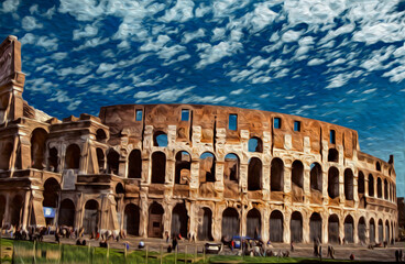 Colosseum facade, an ancient Roman arena and one of the italian most iconic architectural wonder. In Rome, the eternal city. Oil paint filter.