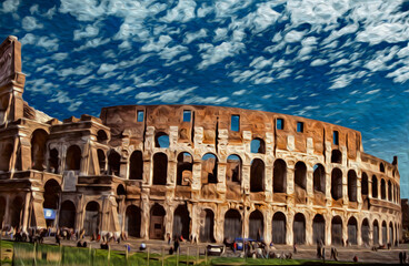 Obraz premium Colosseum facade, an ancient Roman arena and one of the italian most iconic architectural wonder. In Rome, the eternal city. Oil paint filter.