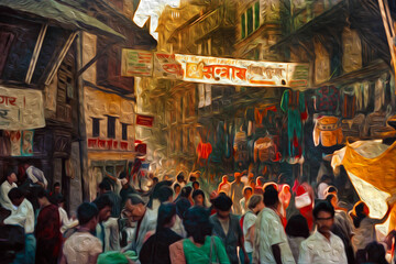 Fototapeta na wymiar Crowd in a narrow street at the Kathmandu city center. The exotic capital of Nepal, at the bottom of the Himalayas Ridge. Oil paint filter.