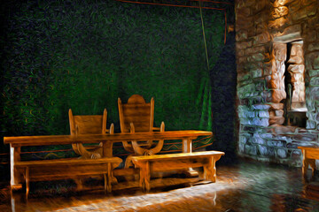 Hall with medieval style wooden furniture in a castle in the countryside of England. Oil paint filter.
