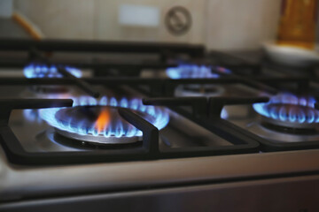 Gas burner with blue flame on domestic stove