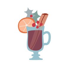 Christmas drink mulled wine with cinnamon and holly decorations. Vector illustration in flat style on white background
