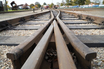 Railroad tracks with a rail switch in the station of Bruchhausen Vilsen, district of Diepholz, Lower Saxony, Germany.