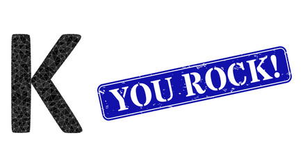 Low-poly Kappa Greek symbol constructed with random filled triangles, and grunge You Rock! seal. Blue rounded framed rectangle stamp seal includes You Rock! title inside framed rectangle form.