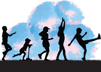 Children black silhouettes in nature. 