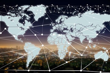 Abstract graphic digital world map hologram with connections on city background,