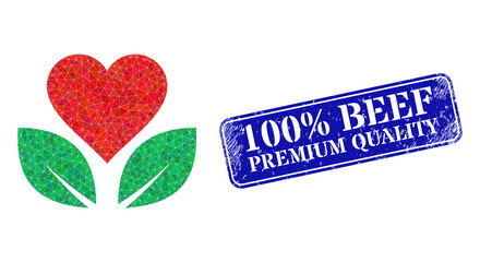 Low-poly eco life constructed with random filled triangles, and grunge 100% Beef Premium Quality seal stamp.