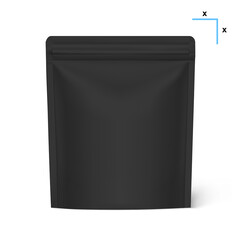 Black pouch bag mockup with ziplock isolated on white background. Vector illustration. Front view. Can be use for template your design, presentation, promo, ad. EPS10.	
