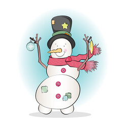 Cute happy snowman with Christmas ornaments isolated on white background vector illustration