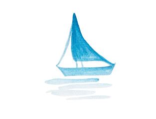 Hand-painted in watercolor paints blue boat with sail, floating in the sea. Isolated on white