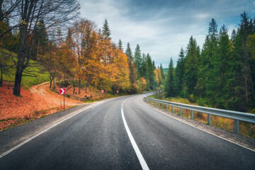 Fototapeta premium Road in autumn forest. Beautiful empty mountain roadway, trees with orange foliage and overcast sky. Landscape with asphalt road through the woods in fall. Travel in europe. Road trip. Transportation