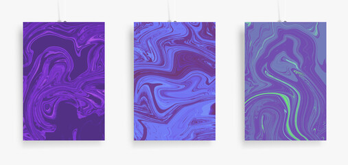 Three paintings with marbling. Vector colorful fluid. Marble texture for poster, brochure, invitation, cover design