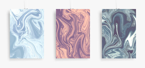 Fototapeta premium Three paintings with marbling. Vector colorful fluid. Marble texture for poster, brochure, invitation, cover design