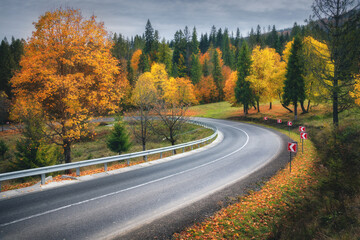 Road in autumn forest. Beautiful empty mountain roadway, trees with orange foliage and overcast sky. Landscape with asphalt road through the woods in fall. Travel in europe. Road trip. Transportation