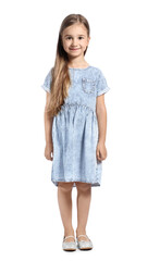 Obraz premium Cute little girl in striped dress on white background