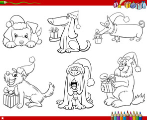 set of comic dogs with Christmas gifts coloring book page