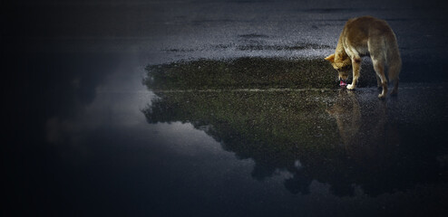 Street dog walking in rainy weather.