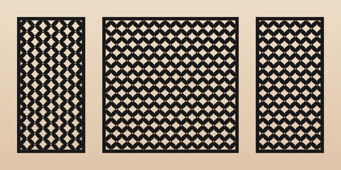 Laser cut patterns. Modern vector design, simple geometric ornaments with lattice, mesh, curved grid, net. Oriental style. Template for cnc cutting of wood, metal, plastic. Aspect ratio 1:1, 1:2