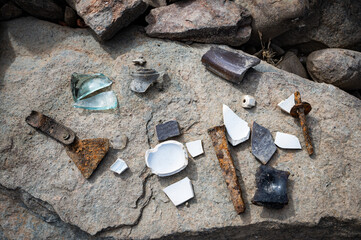 Recovered artifacts in the pioneer town of Red Bank, California. Ruins from the town were uncovered in Folsom Lake due the state's current drought conditions.