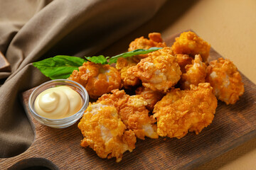 Board with tasty fried popcorn chicken and sauce on color background, closeup