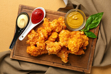 Board with tasty popcorn chicken and sauces on color background