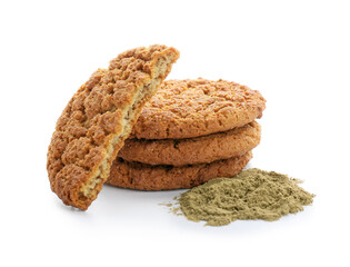 Tasty hojicha cookies and powder on white background