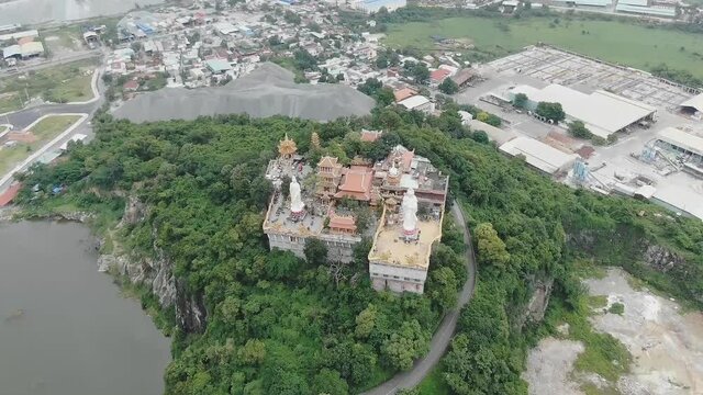 Dong Nai, Vietnam - the ancient architectural pagoda with beautiful statues depicting religious spiritual culture in Dong Nai, Vietnam. (aerial photography)