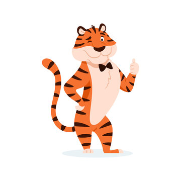 Cute cartoon winking tiger with thumb up sign isolated on white background. Adorable orange striped successful wildcat showing like hand gesture. Smiling animal New Year character vector illustration.