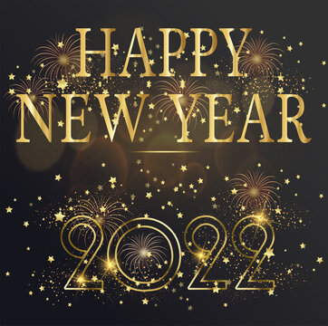 card or banner on a happy new year 2022 in gold on a black gradient background with gold colored stars fireworks