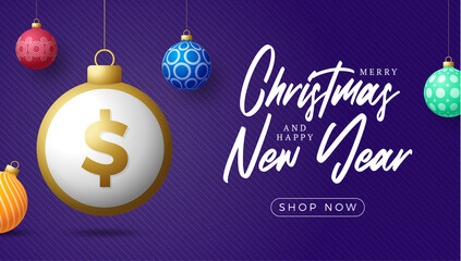 Fototapeta na wymiar Merry Christmas gold dollar symbol banner. Dollar sign as christmas bauble ball hanging greeting card. Vector image for xmas, finance, new years day, banking, money