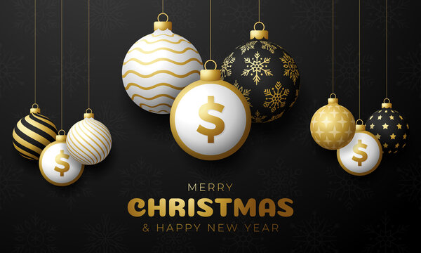 Merry Christmas gold dollar symbol banner. Dollar sign as christmas bauble ball hanging greeting card. Vector image for xmas, finance, new years day, banking, money