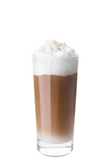 Glass of tasty latte with nuts on white background