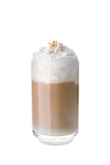 Glass of tasty latte with nuts on white background