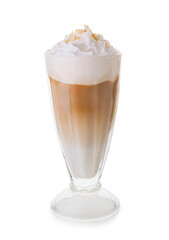 Glass of tasty latte with nuts on white background