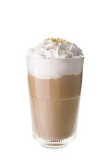 Glass of tasty latte with nuts on white background