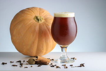 Nice glass of beer with pumpkin and spices