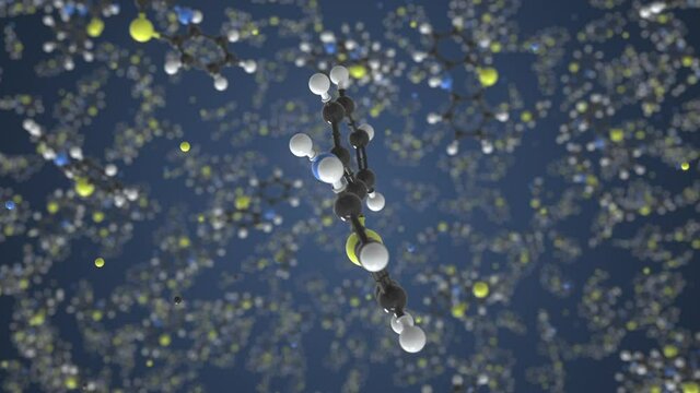 Phenothiazine molecule made with balls, isolated molecular model. Looping 3D animation or motion background