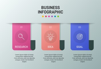 Concept of arrow business model with 3 successive steps. Three colorful graphic elements. Timeline design for brochure, presentation. Infographic design layout.