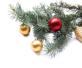 Fototapeta na wymiar Fir branch with Christmas balls on white background, closeup